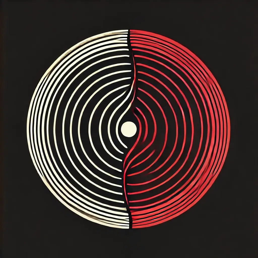 A minimal symbol-based design featuring two concentric circles with wavy, echo-like lines radiating outward, using black and violet colors, symbolizing connection and storytelling.