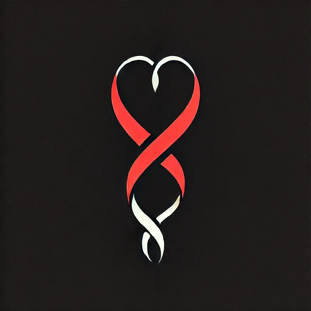 A minimal symbol-based design featuring a flowing ribbon-like shape forming a heart, using black and violet colors, symbolizing love and resilience.
