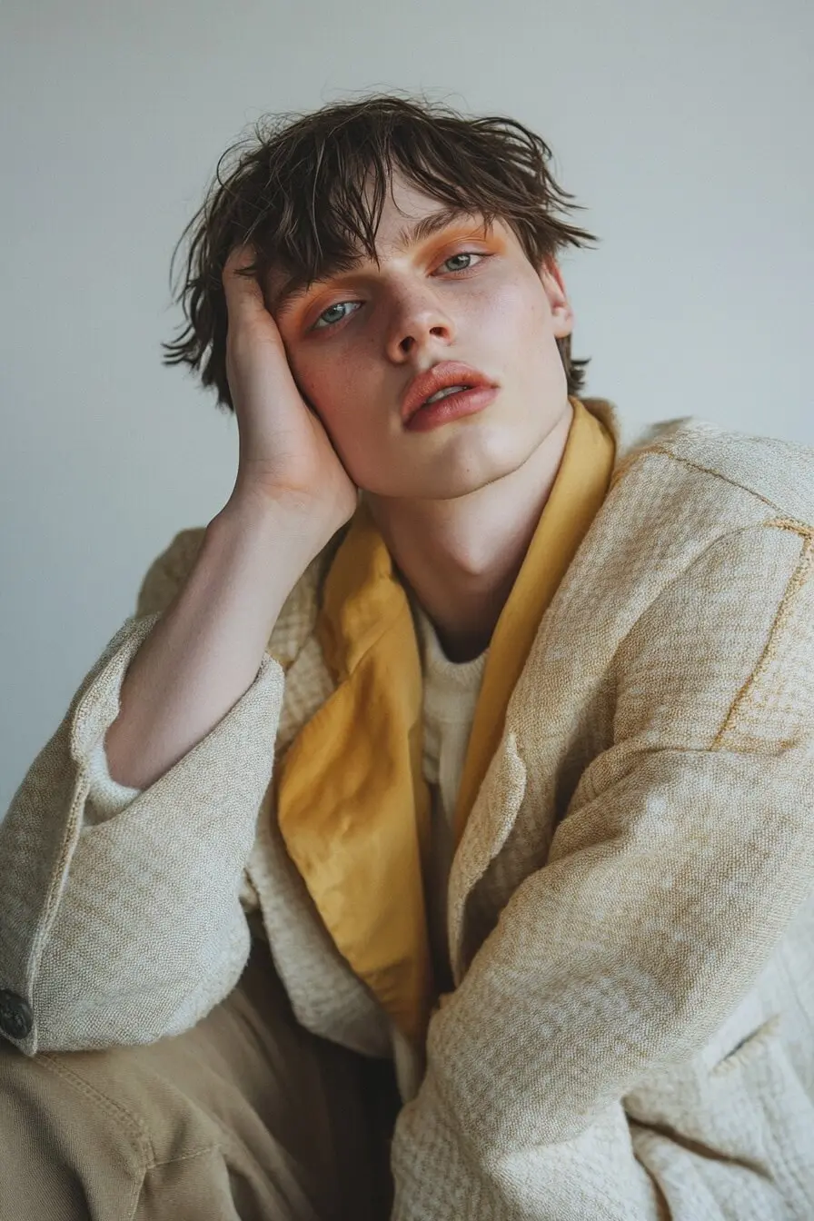 Wale with a contemplative look, radiating ethereal charm and artistic melancholy